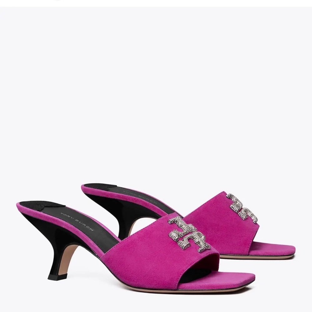 Tory Burch Fuchsia Suede Crystal-Embellished Slide Mules - Picture 2 of 8